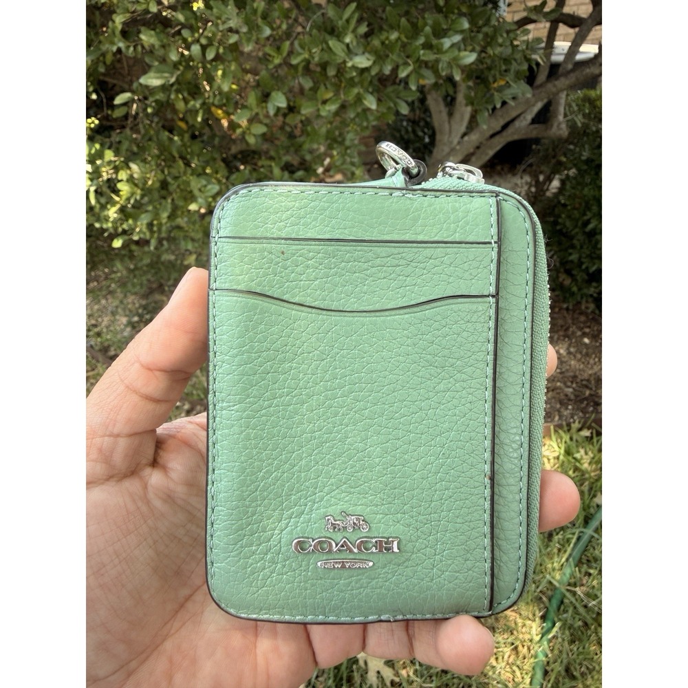 Coach 6303 Zip Card Case Washed Green Leather ID Wallet Chain Wristlet